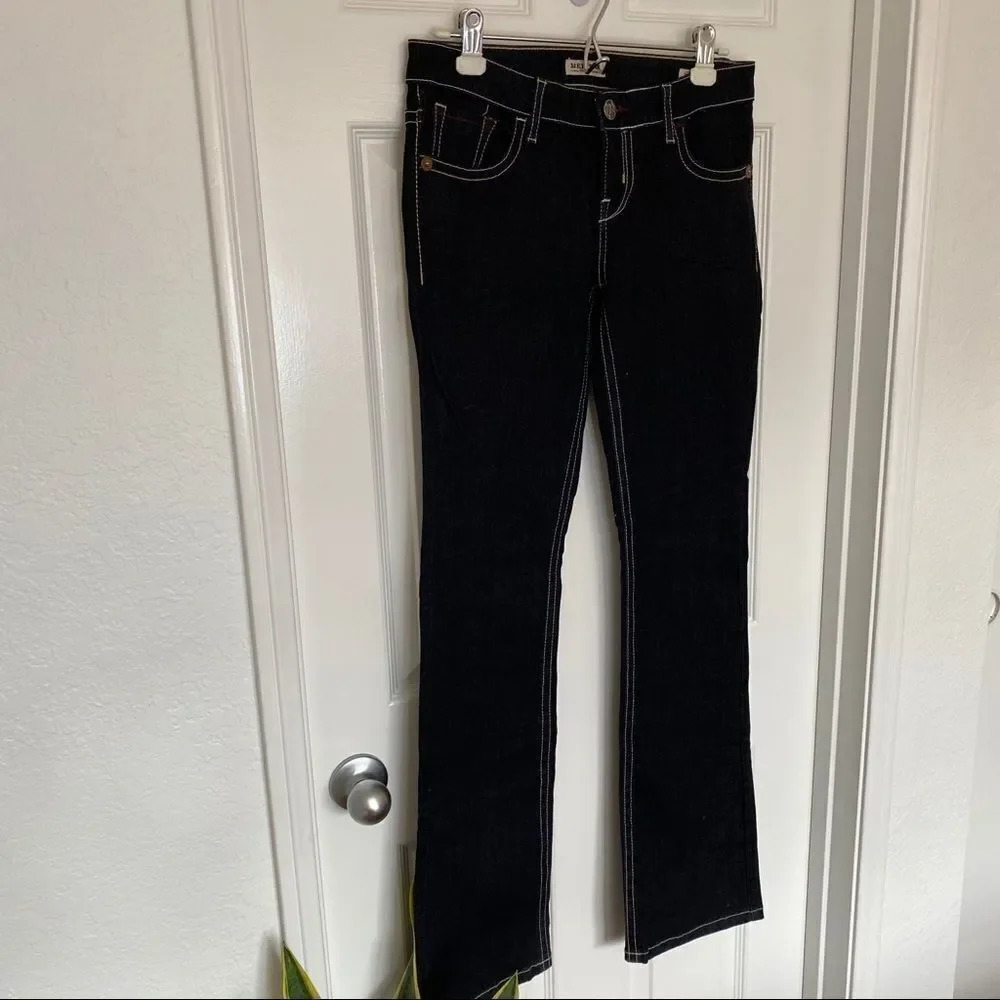 NWT Mek Denim Getty Slim Boot Dark Wash White Stitch Wide Leg Women’s Jeans - Picture 2 of 10